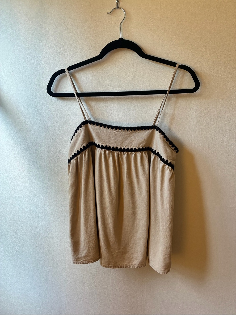 Beige Spaghetti-Strap Tank Top with Black Trim